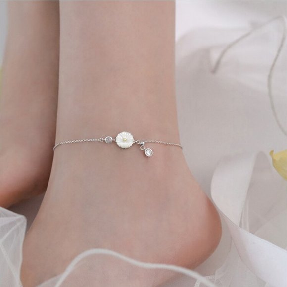 NEW 925 Sterling Silver Shell Diamond Daisy Anklet - Picture 8 of 9